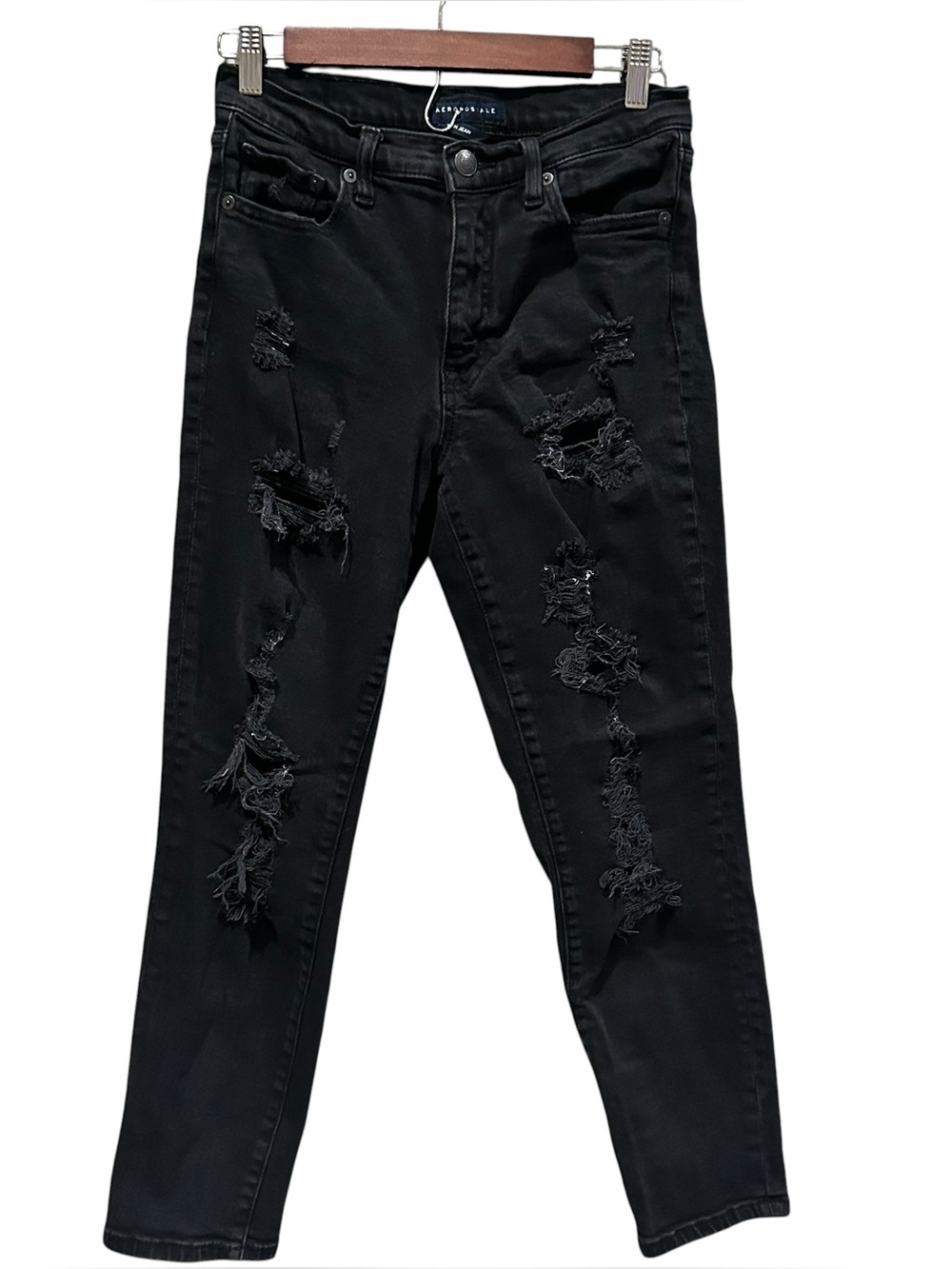 Aéropostale Women's Black Dark Wash High Rise Mom Jeans Distressed Stretch 4R